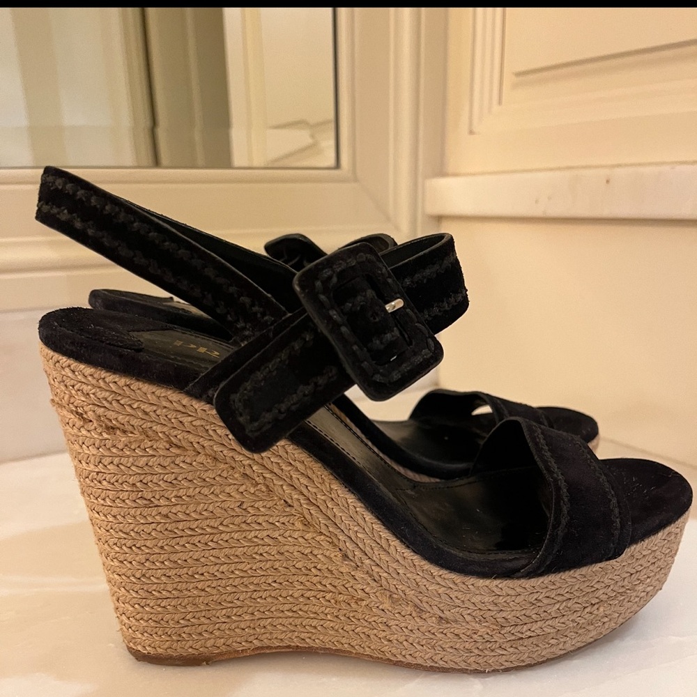 Prada Black and Tan Wedge Sandals
